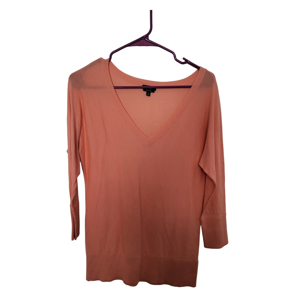 Talbots V-Neck Sweater Womens Small Coral Orange Pima Cotton 3/4 Sleeve Ribbed